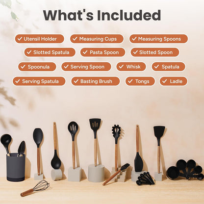 Silicone Kitchen Utensils Set, 22-Piece Acacia Wood Handle, Black