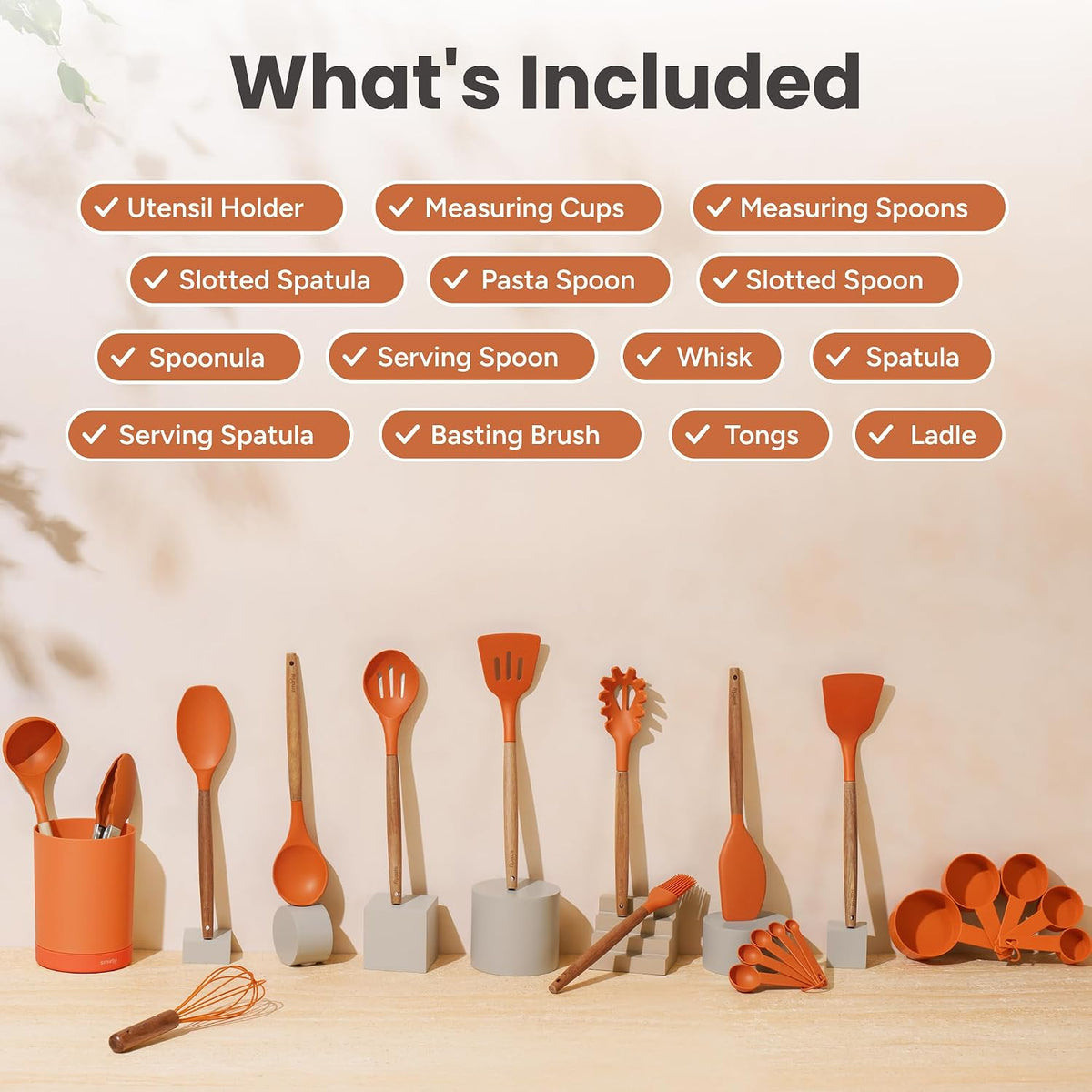 Silicone Kitchen Utensils Set, 22-Piece Acacia Wood Handle, Black