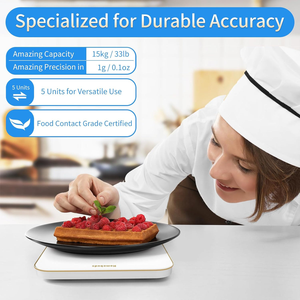 Food Scale, 33lb/15kg Digital Kitchen Scale, Weight Grams and Ounces in 1g/0.1oz Precision for Baking and Cooking, LED Display, 3*AAA Batteries Included, Tempered Glass, Blue