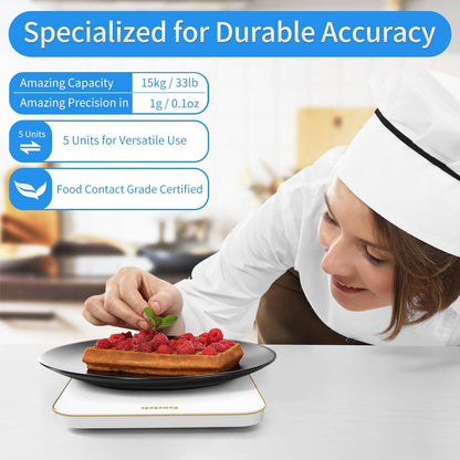 Food Scale, 33lb/15kg Digital Kitchen Scale, Weight Grams and Ounces in 1g/0.1oz Precision for Baking and Cooking, LED Display, 3*AAA Batteries Included, Tempered Glass, Blue