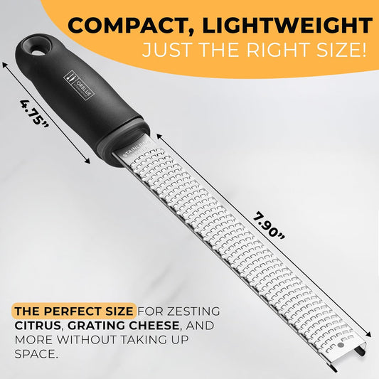 Lemon Zester & Cheese Grater - Premium Citrus Zester, Kitchen Grater for Parmesan, Chocolate, Fruits, Vegetables, Ginger, Garlic, Nutmeg - Stainless Steel Blades with Protective Cover, Black