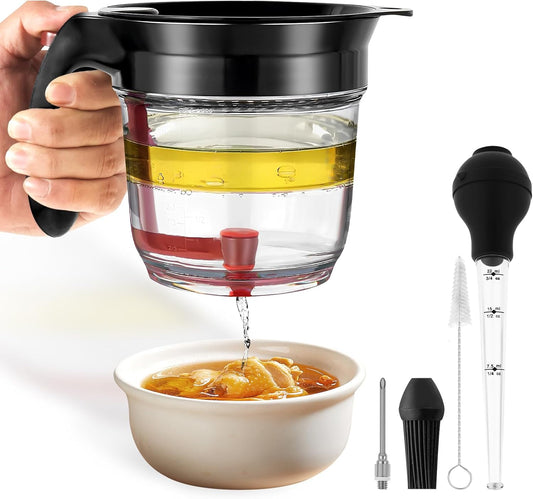 Fat Separator with Bottom Release, 33 Oz Gravy Separator for Cooking with Oil Strainer, Kitchen Gadgets Grease Separator with Stainless Steel Barbecue Syringe