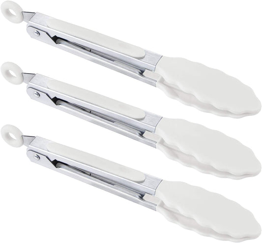 7 inch Cooking Tongs, Set of 3 Mini Kitchen Tongs Silicone Serving Tongs With Silicone Tips for FoodGrill, Salad, BBQ (Snow White)