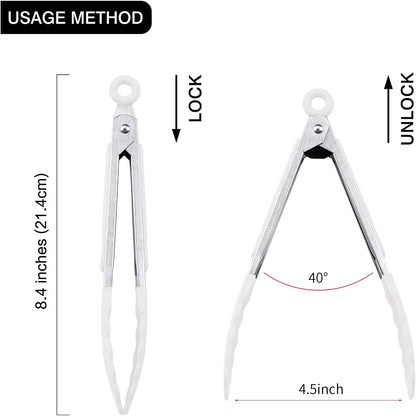 7 inch Cooking Tongs, Set of 3 Mini Kitchen Tongs Silicone Serving Tongs With Silicone Tips for FoodGrill, Salad, BBQ (Snow White)