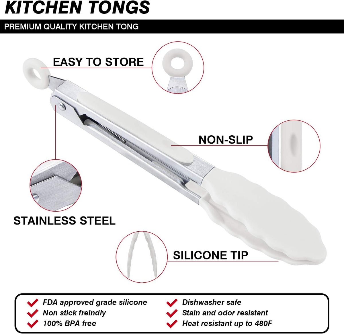 7 inch Cooking Tongs, Set of 3 Mini Kitchen Tongs Silicone Serving Tongs With Silicone Tips for FoodGrill, Salad, BBQ (Snow White)