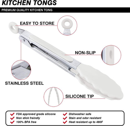 7 inch Cooking Tongs, Set of 3 Mini Kitchen Tongs Silicone Serving Tongs With Silicone Tips for FoodGrill, Salad, BBQ (Snow White)