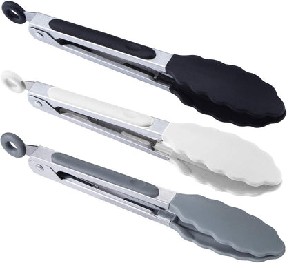 7 inch Cooking Tongs, Set of 3 Mini Kitchen Tongs Silicone Serving Tongs With Silicone Tips for FoodGrill, Salad, BBQ (Snow White)