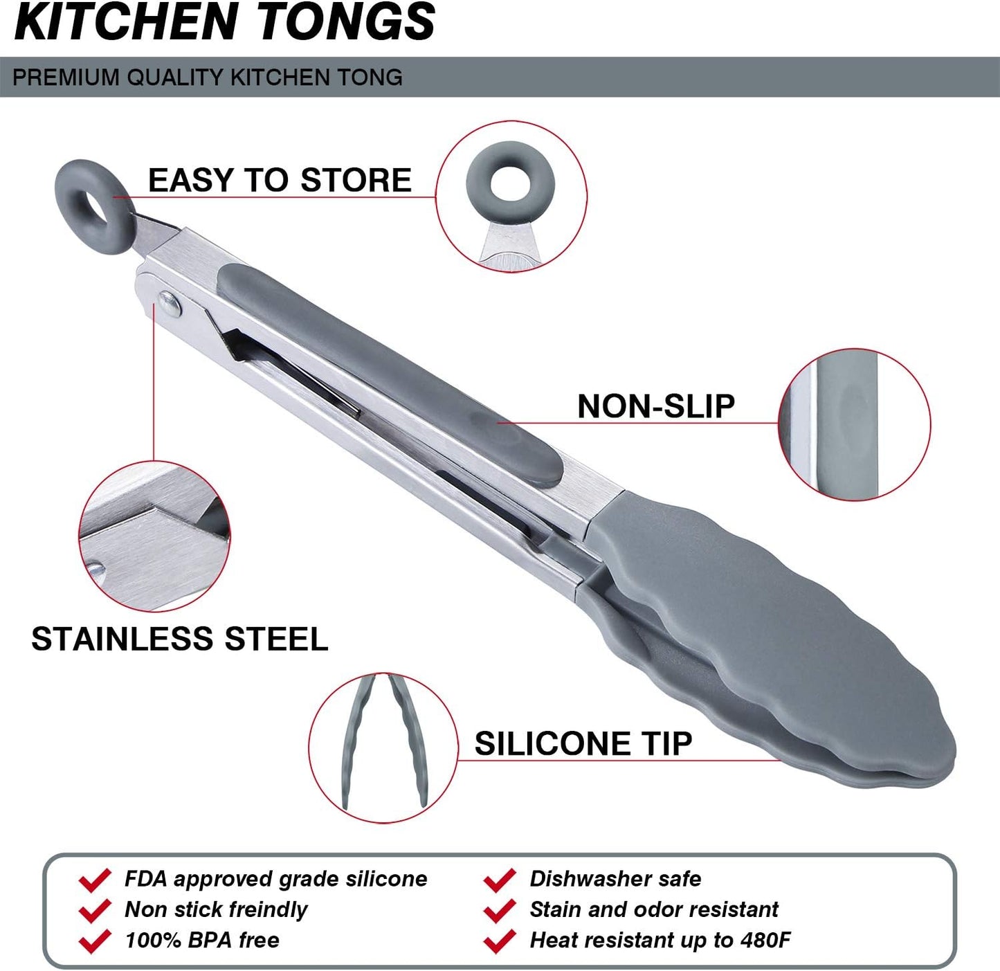 7 inch Cooking Tongs, Set of 3 Mini Kitchen Tongs Silicone Serving Tongs With Silicone Tips for FoodGrill, Salad, BBQ (Snow White)