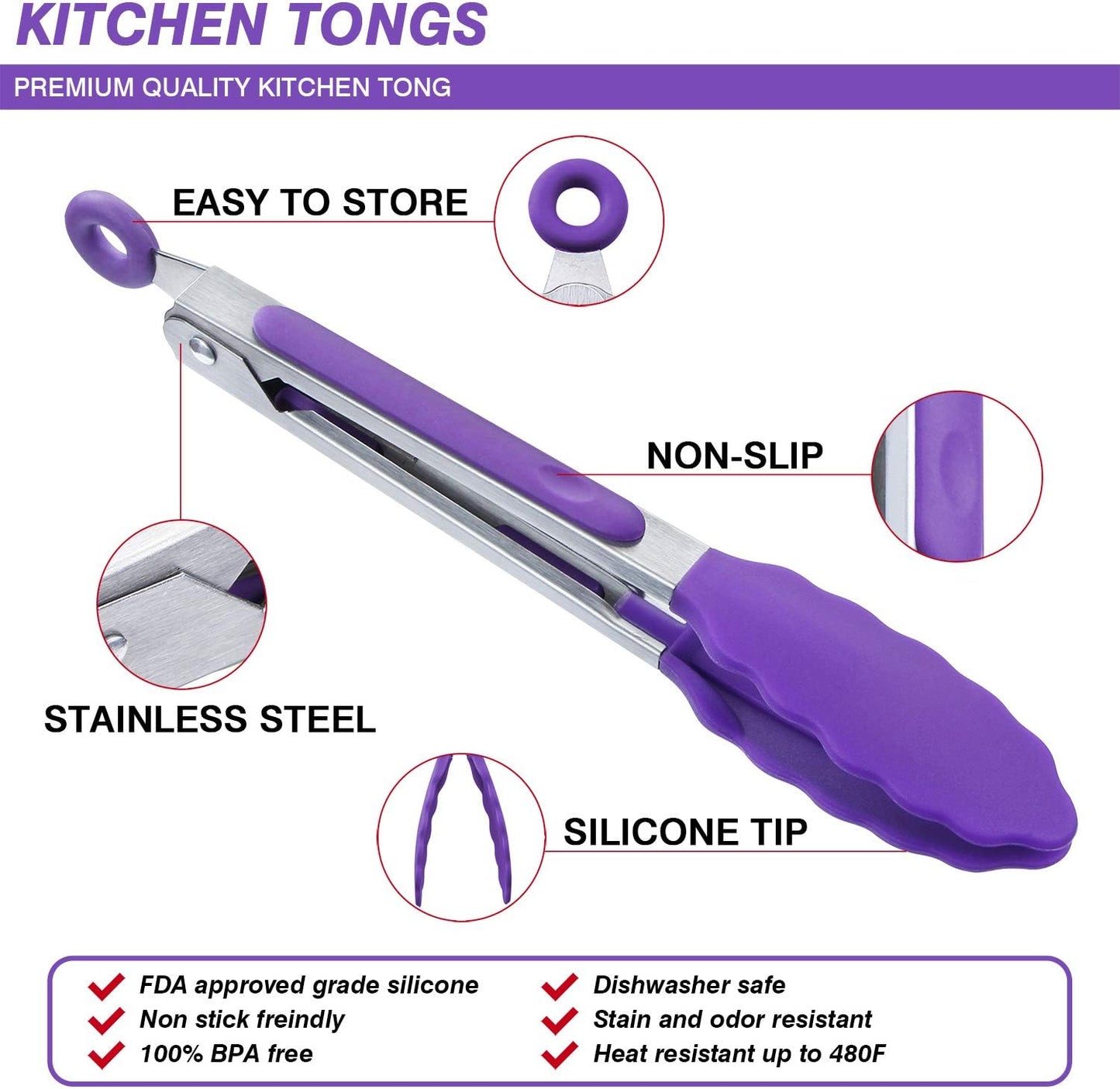 7 inch Cooking Tongs, Set of 3 Mini Kitchen Tongs Silicone Serving Tongs With Silicone Tips for FoodGrill, Salad, BBQ (Snow White)