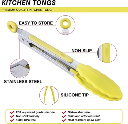 7 inch Cooking Tongs, Set of 3 Mini Kitchen Tongs Silicone Serving Tongs With Silicone Tips for FoodGrill, Salad, BBQ (Snow White)