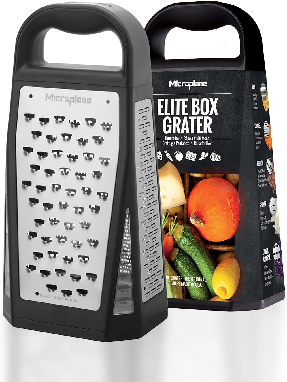 Elite Multi-Sided Grater with 5 Blade Styles: Fine, Coarse Grain, Ultra Coarse Grain, Double Edge and Wide Cut - Kitchen Grater with Stainless Steel Blades