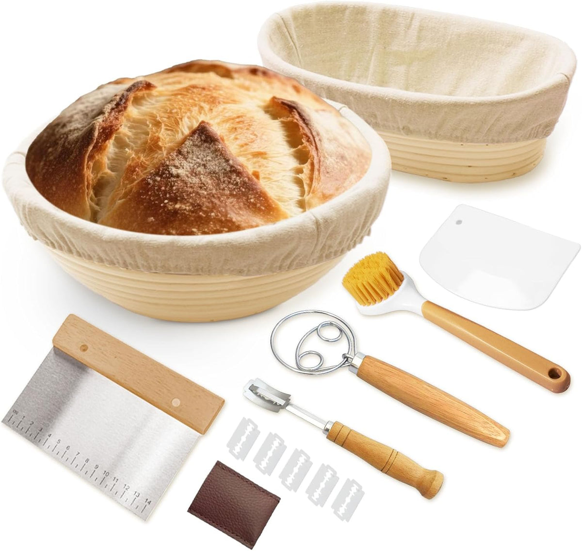 Sourdough Bread Proofing Basket Kit: 9"Round & 10" Oval Banneton Baking Set | Complete Sourdough Making Supplies, Cane Baskets with Linen Liners, Bread Lame, Danish Whisk, Bowl Scraper, Dough Scraper