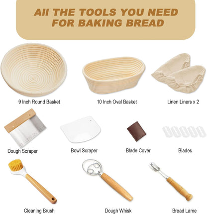Sourdough Bread Proofing Basket Kit: 9"Round & 10" Oval Banneton Baking Set | Complete Sourdough Making Supplies, Cane Baskets with Linen Liners, Bread Lame, Danish Whisk, Bowl Scraper, Dough Scraper