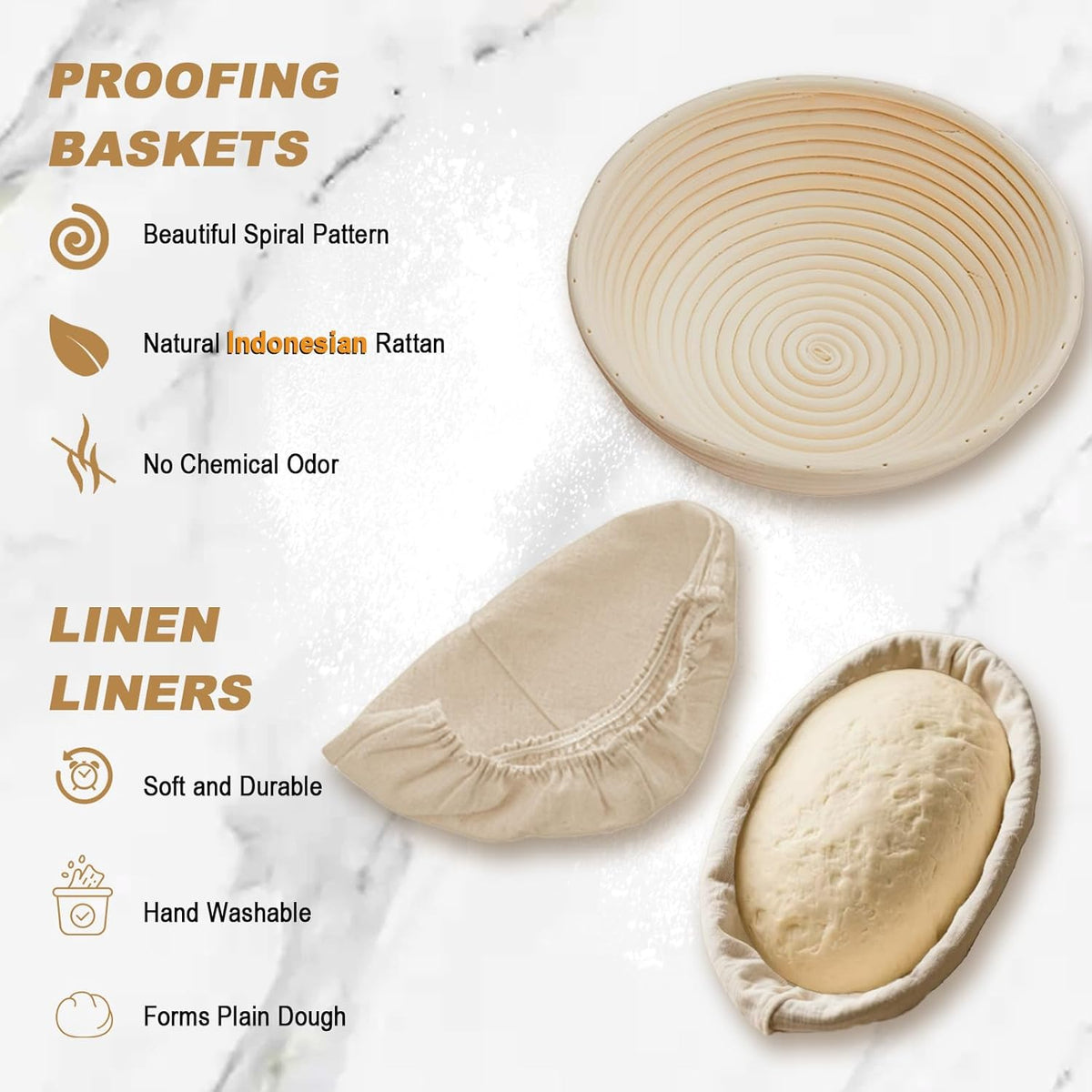 Sourdough Bread Proofing Basket Kit: 9"Round & 10" Oval Banneton Baking Set | Complete Sourdough Making Supplies, Cane Baskets with Linen Liners, Bread Lame, Danish Whisk, Bowl Scraper, Dough Scraper