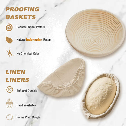Sourdough Bread Proofing Basket Kit: 9"Round & 10" Oval Banneton Baking Set | Complete Sourdough Making Supplies, Cane Baskets with Linen Liners, Bread Lame, Danish Whisk, Bowl Scraper, Dough Scraper
