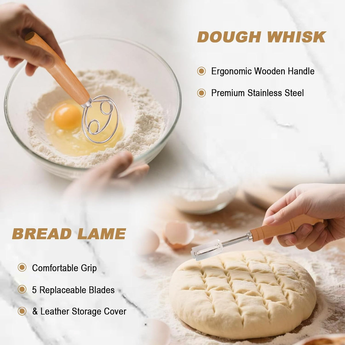 Sourdough Bread Proofing Basket Kit: 9"Round & 10" Oval Banneton Baking Set | Complete Sourdough Making Supplies, Cane Baskets with Linen Liners, Bread Lame, Danish Whisk, Bowl Scraper, Dough Scraper