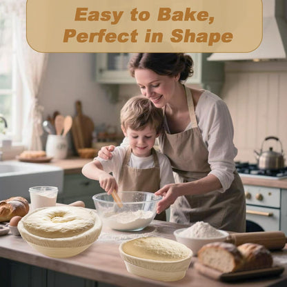 Sourdough Bread Proofing Basket Kit: 9"Round & 10" Oval Banneton Baking Set | Complete Sourdough Making Supplies, Cane Baskets with Linen Liners, Bread Lame, Danish Whisk, Bowl Scraper, Dough Scraper