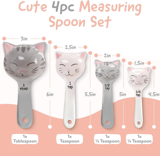 Cat Shaped Ceramic Measuring Spoons - Gift for Any Cat Lover - Cat Ceramic Measuring Spoons Baking Tool - Creative Functional Kitchen Decor - Comes in White and Gray - Set of 4