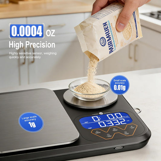 Rechargeable Digital Dual Platform Food Kitchen Scales Weight | 11 lb Large & 1.1 lb Mini with Two Precisions for Sourdough Bread, Baking and Cooking, 3 Units, Tare function, Accumulation