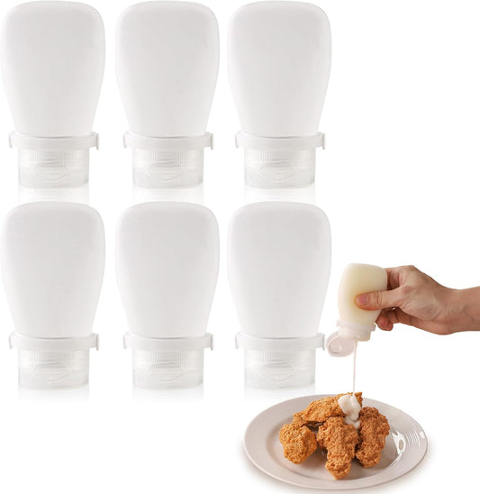 6 Pack Tiny Silicone Condiment Squeeze Bottles Small Salad Dressing Bottles to Go Travel Salad Dressing Containers for Lunch Box 60ml/2 oz Travel Sauce Bottle with Labels
