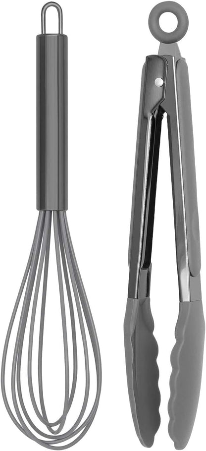 Stainless Steel Silicone Tipped Kitchen Food BBQ and Cooking Tongs for Non Stick Cookware, BPA Fee, Stylish, Sturdy, Locking, Grill Tongs, Gunmetal, Tong and Whisk Set, Gray