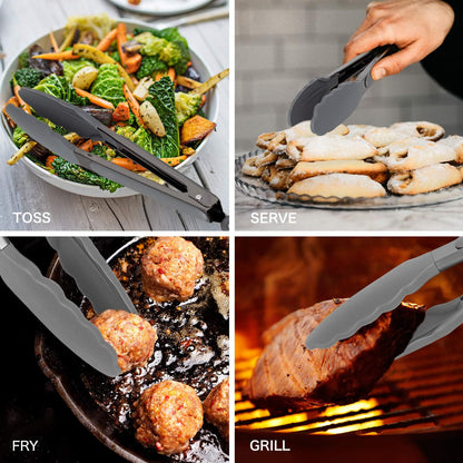 Stainless Steel Silicone Tipped Kitchen Food BBQ and Cooking Tongs for Non Stick Cookware, BPA Fee, Stylish, Sturdy, Locking, Grill Tongs, Gunmetal, Tong and Whisk Set, Gray