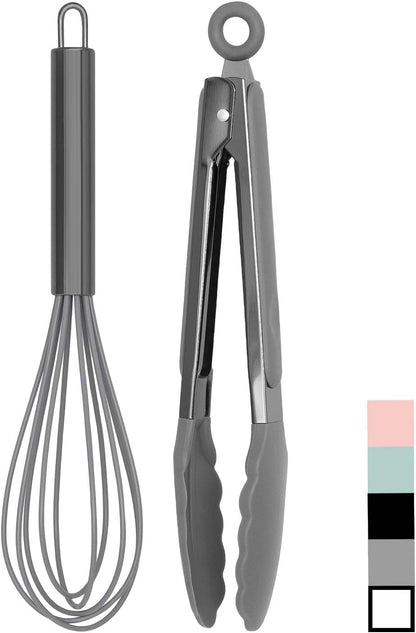Stainless Steel Silicone Tipped Kitchen Food BBQ and Cooking Tongs for Non Stick Cookware, BPA Fee, Stylish, Sturdy, Locking, Grill Tongs, Gunmetal, Tong and Whisk Set, Gray
