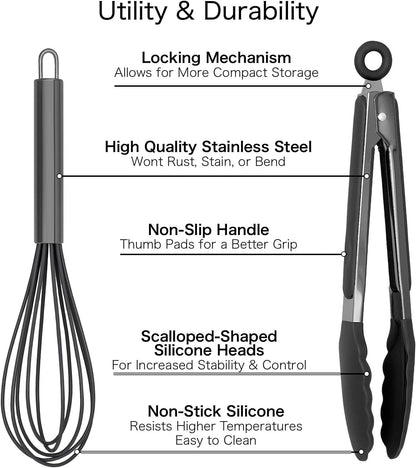 Stainless Steel Silicone Tipped Kitchen Food BBQ and Cooking Tongs for Non Stick Cookware, BPA Fee, Stylish, Sturdy, Locking, Grill Tongs, Gunmetal, Tong and Whisk Set, Gray