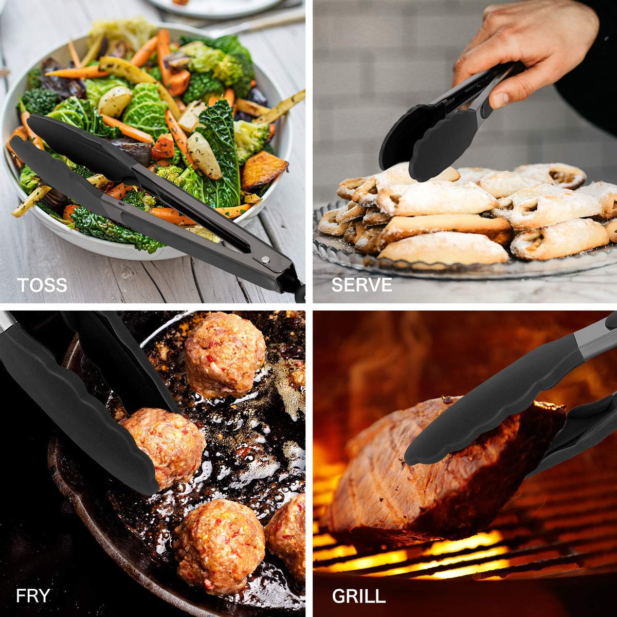Stainless Steel Silicone Tipped Kitchen Food BBQ and Cooking Tongs for Non Stick Cookware, BPA Fee, Stylish, Sturdy, Locking, Grill Tongs, Gunmetal, Tong and Whisk Set, Gray