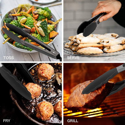 Stainless Steel Silicone Tipped Kitchen Food BBQ and Cooking Tongs for Non Stick Cookware, BPA Fee, Stylish, Sturdy, Locking, Grill Tongs, Gunmetal, Tong and Whisk Set, Gray