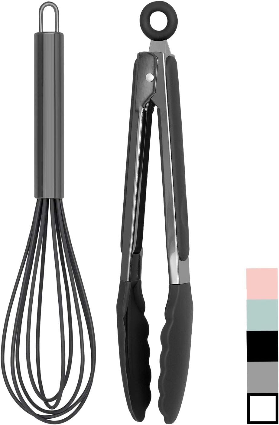 Stainless Steel Silicone Tipped Kitchen Food BBQ and Cooking Tongs for Non Stick Cookware, BPA Fee, Stylish, Sturdy, Locking, Grill Tongs, Gunmetal, Tong and Whisk Set, Gray