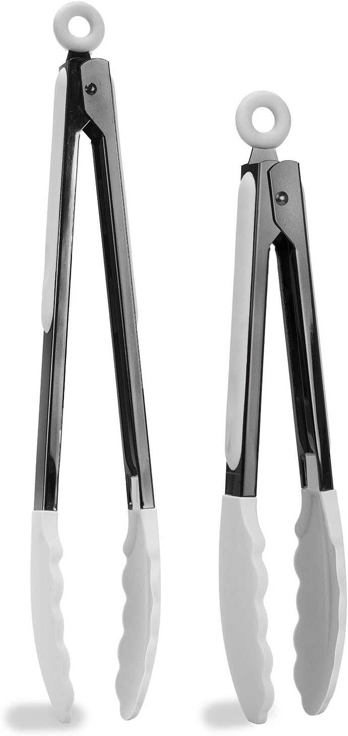 Stainless Steel Silicone Tipped Kitchen Food BBQ and Cooking Tongs for Non Stick Cookware, BPA Fee, Stylish, Sturdy, Locking, Grill Tongs, Gunmetal, Tong and Whisk Set, Gray