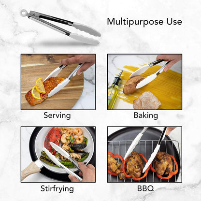 Stainless Steel Silicone Tipped Kitchen Food BBQ and Cooking Tongs for Non Stick Cookware, BPA Fee, Stylish, Sturdy, Locking, Grill Tongs, Gunmetal, Tong and Whisk Set, Gray