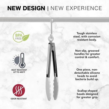 Stainless Steel Silicone Tipped Kitchen Food BBQ and Cooking Tongs for Non Stick Cookware, BPA Fee, Stylish, Sturdy, Locking, Grill Tongs, Gunmetal, Tong and Whisk Set, Gray