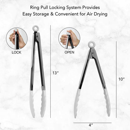 Stainless Steel Silicone Tipped Kitchen Food BBQ and Cooking Tongs for Non Stick Cookware, BPA Fee, Stylish, Sturdy, Locking, Grill Tongs, Gunmetal, Tong and Whisk Set, Gray