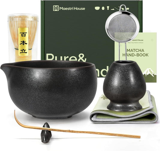Matcha Whisk Set, 7-Piece Kit with Spouted Ceramic Bowl | Includes a 76-Prong Bamboo Whisk, Holder, Scoop, Sifter, Tea Cloth and Beginner Guide for Matcha Lattes or Tea Ceremonies