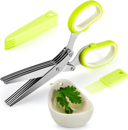 Herb Scissors 5 Blade with Cleaning Comb, Herb Stripper Bowl with 4 Hole Sizes, Cutter for Basil, Chives, Parsley, Kitchen Cutting Tool Set