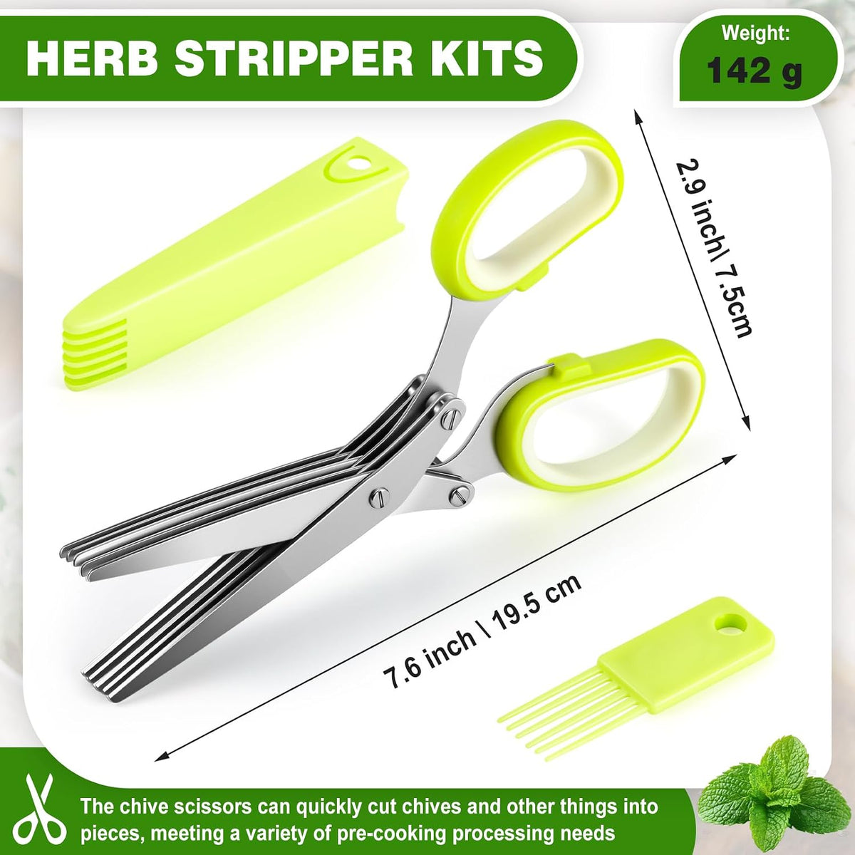 Herb Scissors 5 Blade with Cleaning Comb, Herb Stripper Bowl with 4 Hole Sizes, Cutter for Basil, Chives, Parsley, Kitchen Cutting Tool Set