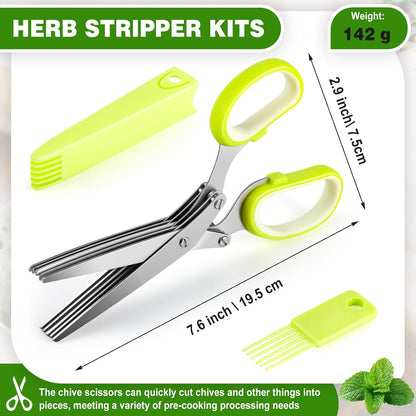 Herb Scissors 5 Blade with Cleaning Comb, Herb Stripper Bowl with 4 Hole Sizes, Cutter for Basil, Chives, Parsley, Kitchen Cutting Tool Set
