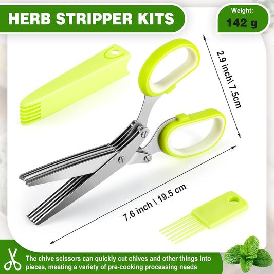 Herb Scissors 5 Blade with Cleaning Comb, Herb Stripper Bowl with 4 Hole Sizes, Cutter for Basil, Chives, Parsley, Kitchen Cutting Tool Set
