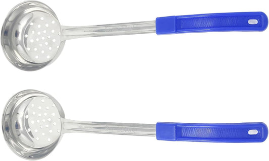 2 Pack - 8 oz. Slotted Portion Control Scoops, Spoodles - Blue Handle Perforated Food Serving Spoon, Small, Silver, MCP08EP