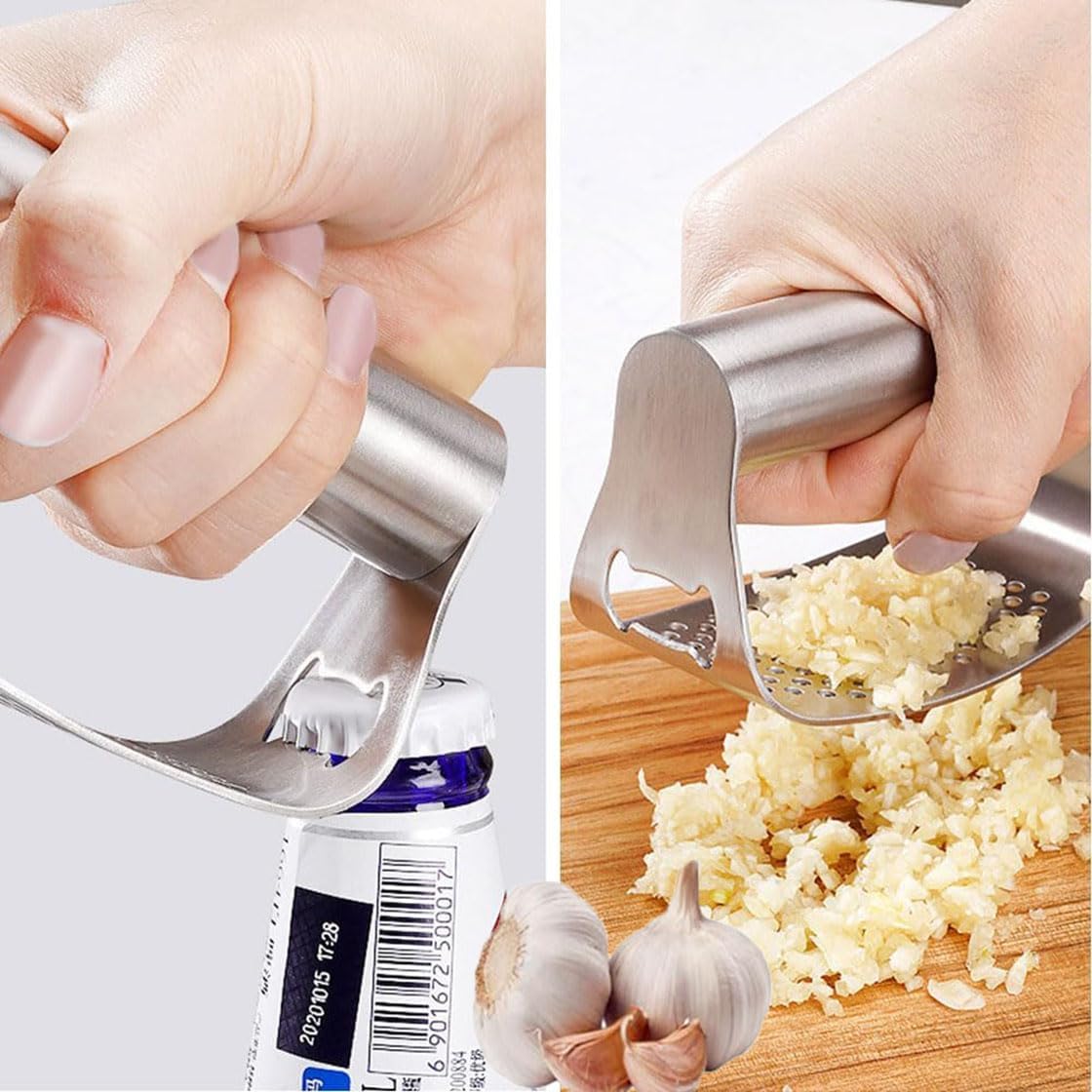 Garlic Press Set,Garlic Press Rocker Heavy Duty Stainless Steel Garlic Mincer, Garlic Chopper with Peeler And Cleaning Brush for Smash Garlic Kitchen Tools(1Set)
