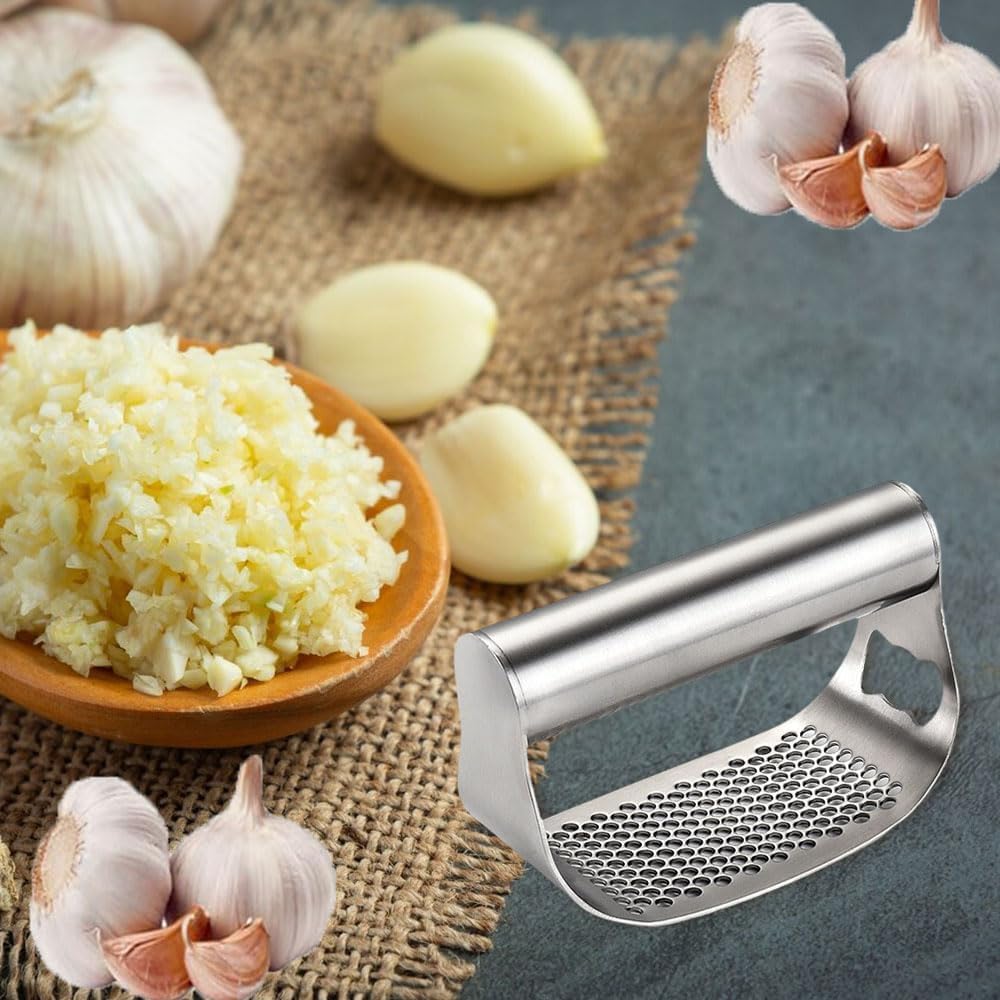 Garlic Press Set,Garlic Press Rocker Heavy Duty Stainless Steel Garlic Mincer, Garlic Chopper with Peeler And Cleaning Brush for Smash Garlic Kitchen Tools(1Set)