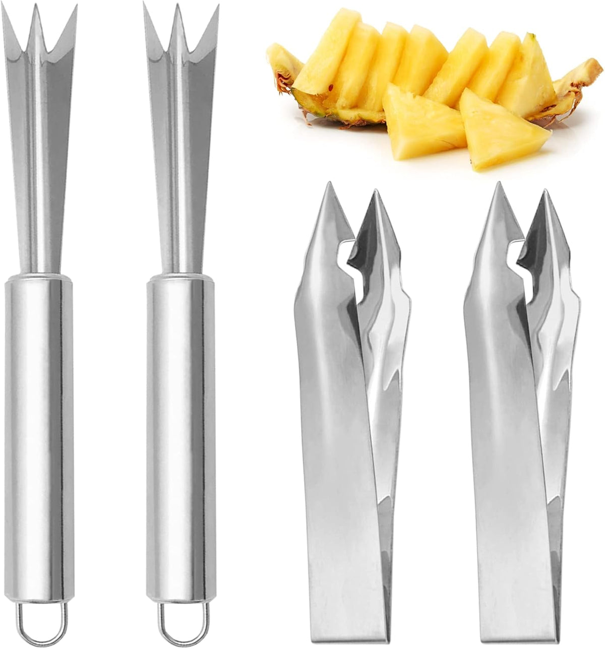4PCS Pineapple Eye Peeler Remover Tool, Stainless Steel Pineapple Eye Clip and V Shape Pineapple Eye Cutter, for Home Kitchen Fruit Store Supermarket, Silver, 4.72 inch, 7.87 inch