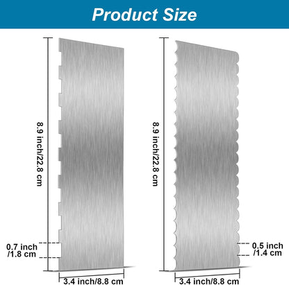 2 Pcs 9 in Double Sided Comb Stainless Steel Cake Scraper Smoother | Double Sided Patterned stripe edge and smooth edge, for cream decorating, metal comb scraper