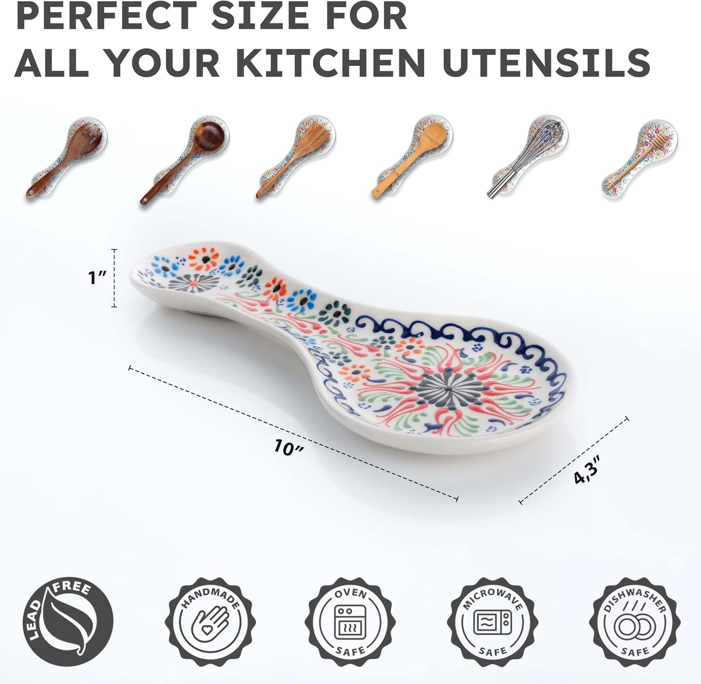 Handmade Spoon Rest, Ceramic Spoon Rest for Stove Top, 10" Spoon Rest for Kitchen Counter, Dishwasher Safe Spoon Holder for Stove, Housewarming Gifts Utensil Rest, Colorful Spoon Rests (Black)
