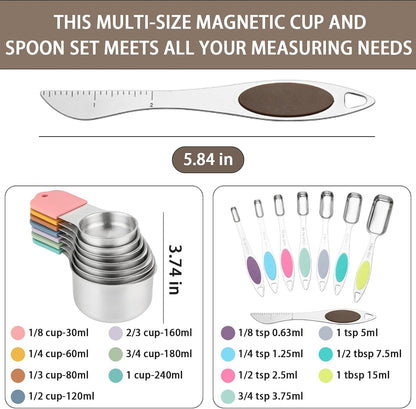 Magnetic Measuring Cups and Spoons Set, 7 Stainless Steel Measuring Cups and 7 Rectangular Metal Teaspoon with 1 Leveler for Cooking & Baking (Colorful)