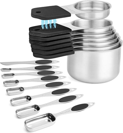 Magnetic Measuring Cups and Spoons Set, 7 Stainless Steel Measuring Cups and 7 Rectangular Metal Teaspoon with 1 Leveler for Cooking & Baking (Colorful)