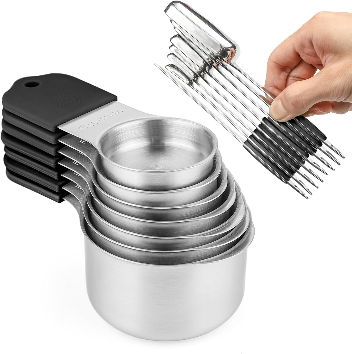 Magnetic Measuring Cups and Spoons Set, 7 Stainless Steel Measuring Cups and 7 Rectangular Metal Teaspoon with 1 Leveler for Cooking & Baking (Colorful)