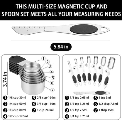Magnetic Measuring Cups and Spoons Set, 7 Stainless Steel Measuring Cups and 7 Rectangular Metal Teaspoon with 1 Leveler for Cooking & Baking (Colorful)